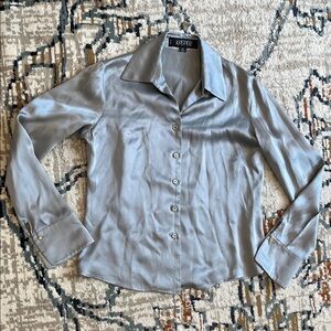 100% Silk Women's Silver-Blue Button-Down Shirt